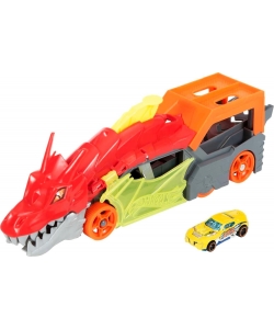Hot Wheels Toy Car Track Set City Dragon Launch Transporter & 1:64 Scale Car, Stores Up to 5 Vehicles