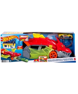 Hot Wheels Toy Car Track Set City Dragon Launch Transporter & 1:64 Scale Car, Stores Up to 5 Vehicles