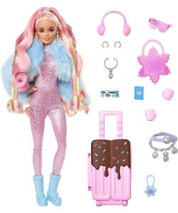 Barbie -Travel Doll with Winter Clothes, Barbie Extra Fly Glitter Pink Jumpsuit and Faux Fur