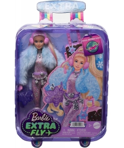 Barbie -Travel Doll with Winter Clothes, Barbie Extra Fly Glitter Pink Jumpsuit and Faux Fur