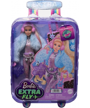 Barbie -Travel Doll with Winter Clothes, Barbie Extra Fly Glitter Pink Jumpsuit and Faux Fur