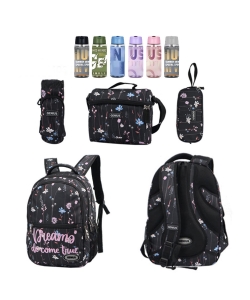 Backpack Black Flower Genius Set 4 Pcs Printed