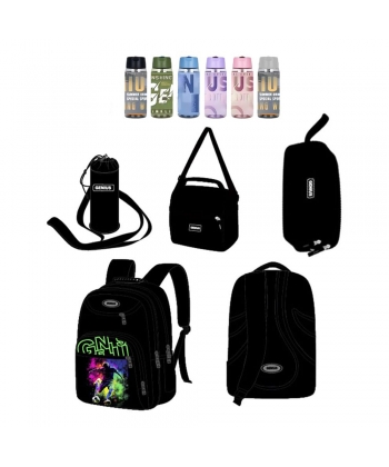 Backpack Black Printed Genius Set 4 Pcs