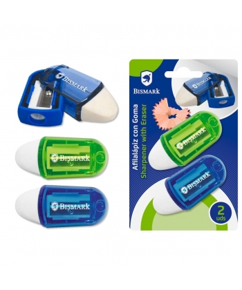 Sharpener And Eraser Bismark 2/Pack Blue + Green Blister 332560