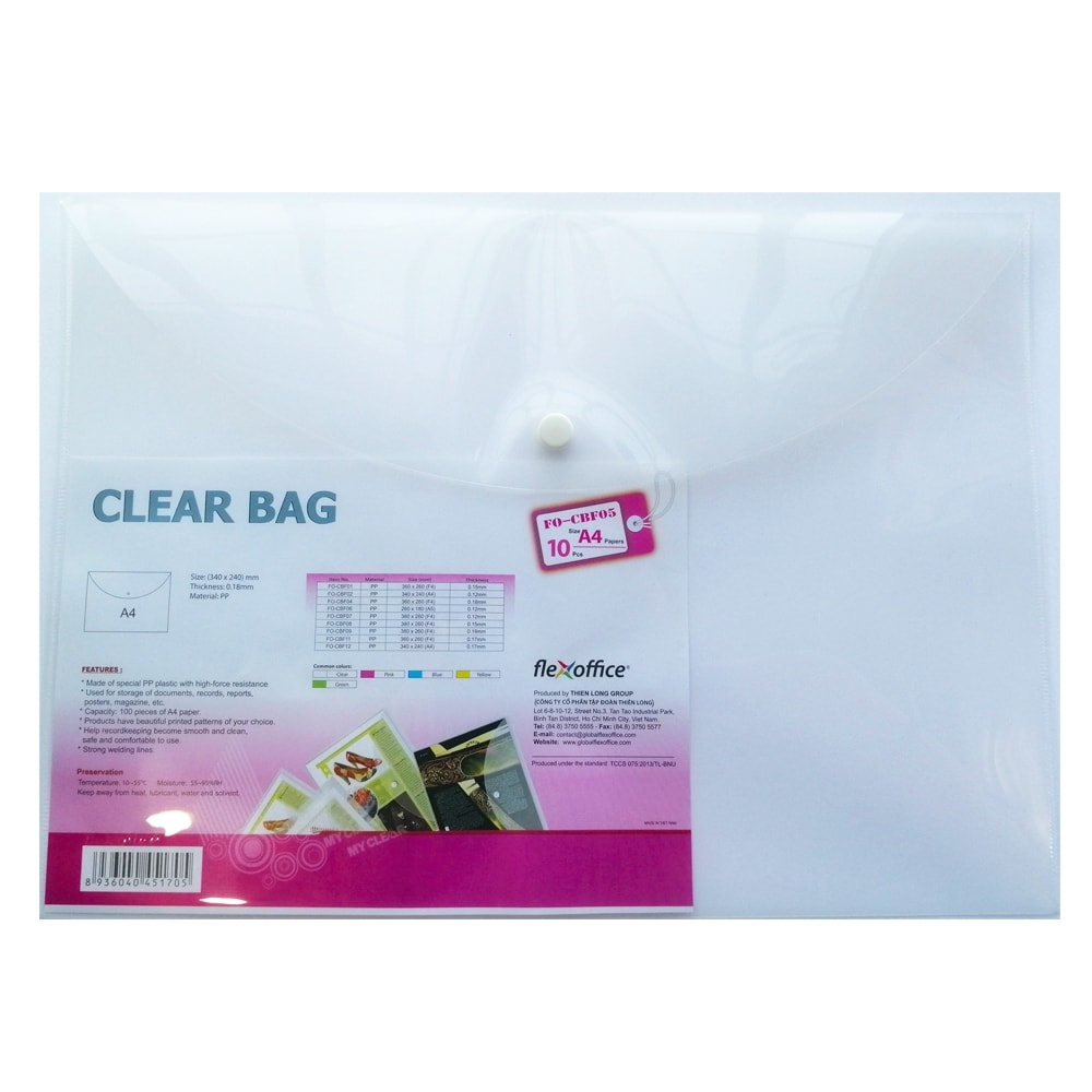 File Envelope Flexoffice A4 W/Buttom Clear 0.17Mm Fo-Cbf05